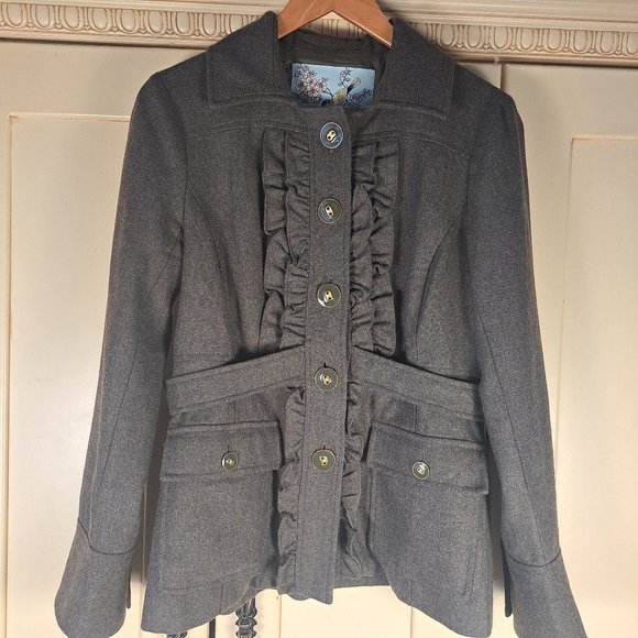 Tabitha Anthropologie Women's Olive Green Ruffle Military Wool Blend Coat Sz 10 - Picture 1 of 10